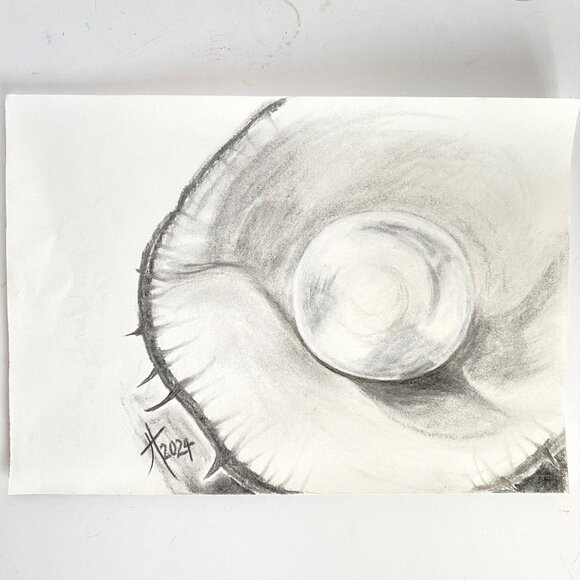 Special Pearl Original Charcoal Drawing Wall Art 11x14in Matted Frame Ready Blac - Picture 5 of 9